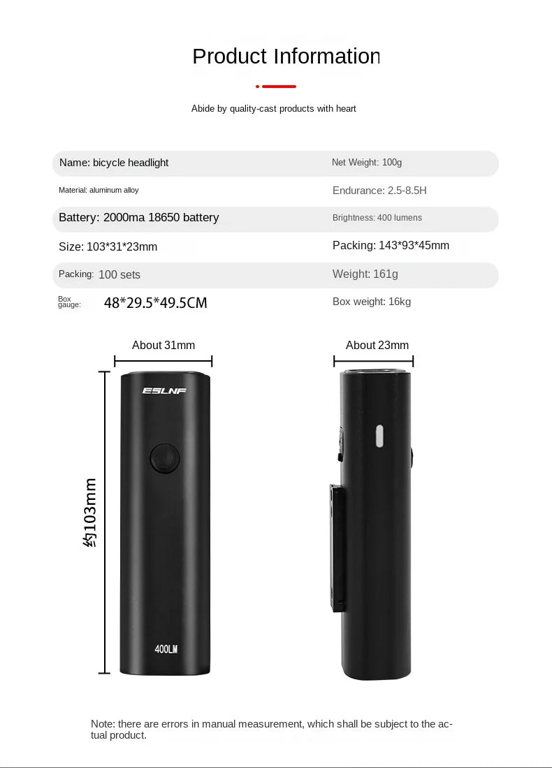 ESLNF-luz delantera para bicicleta, 400 lúmenes, LED resistente a la lluvia